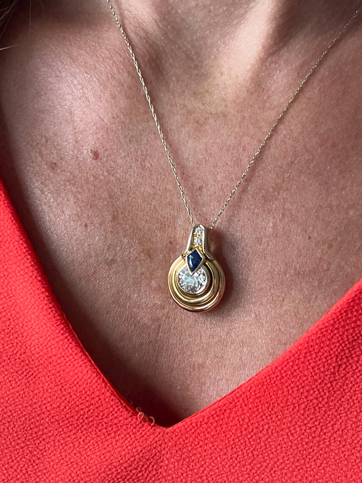 Estate 18K Three Tone Gold 3.43CTW Diamond & Blue Sapphire Vintage Pendant by Petochi