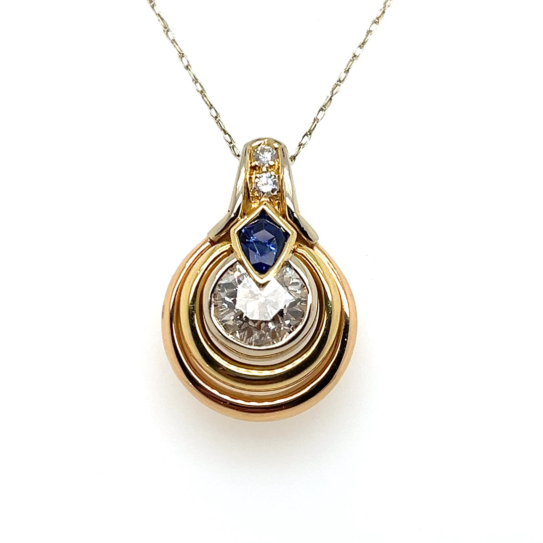 Estate 1980s G. Petochi 18K Tri-Color Gold Old European Cut Diamond & Pear Blue Sapphire Pendant