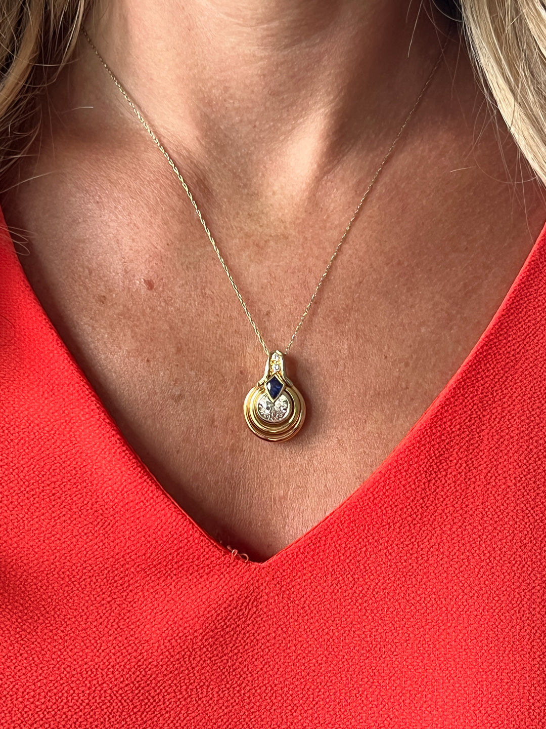 Estate 1980s G. Petochi 18K Tri-Color Gold Old European Cut Diamond & Blue Sapphire Pendant