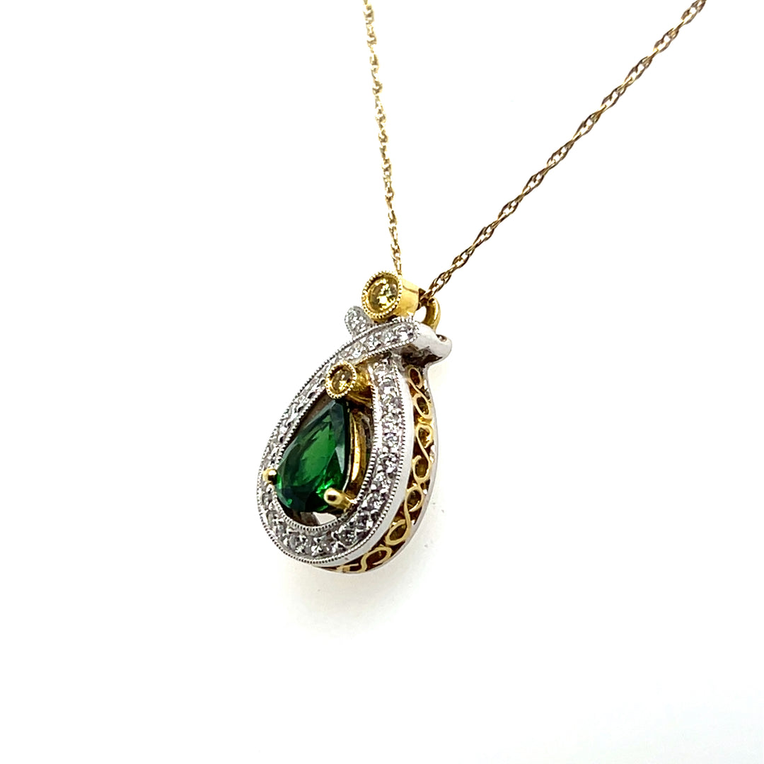 Estate Simon G 18K Yellow & White Gold Tsavorite Garnet & Diamond Halo Pendant