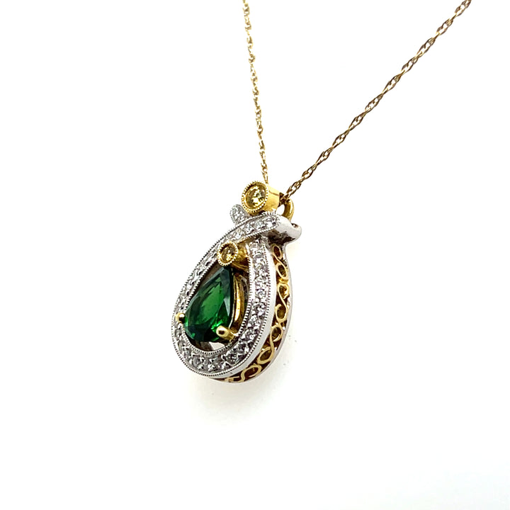 Estate Simon G 18K Yellow & White Gold Tsavorite Garnet & Diamond Halo Pendant