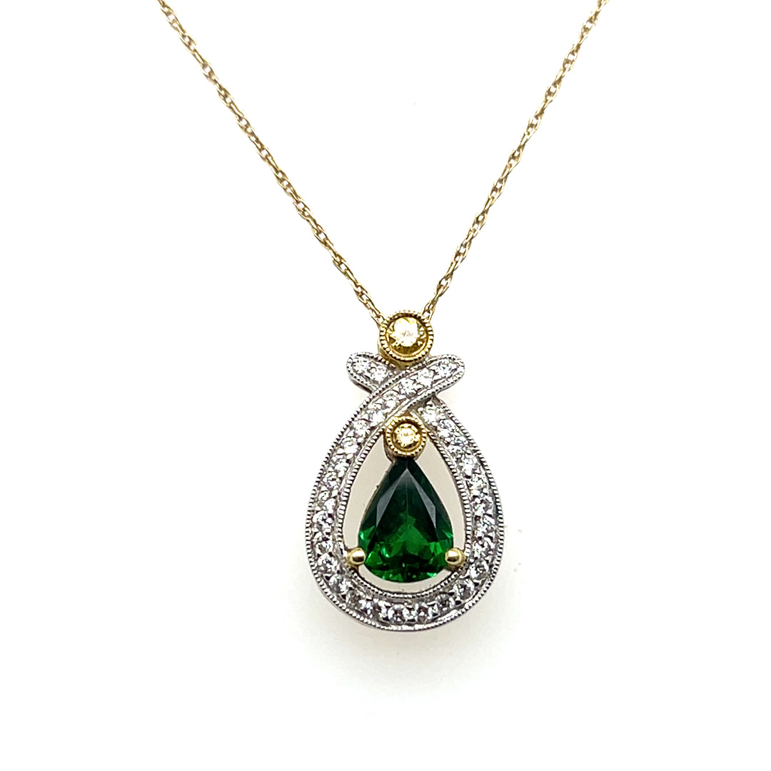 Estate Simon G 18K Yellow & White Gold Tsavorite Garnet & Diamond Halo Pendant