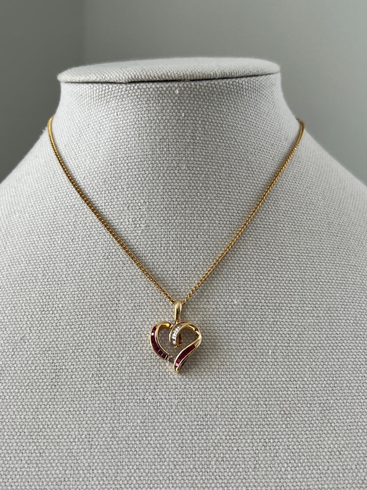 Estate 14K Yellow Gold 0.80CTW Square Ruby & Diamond Heart Pendant