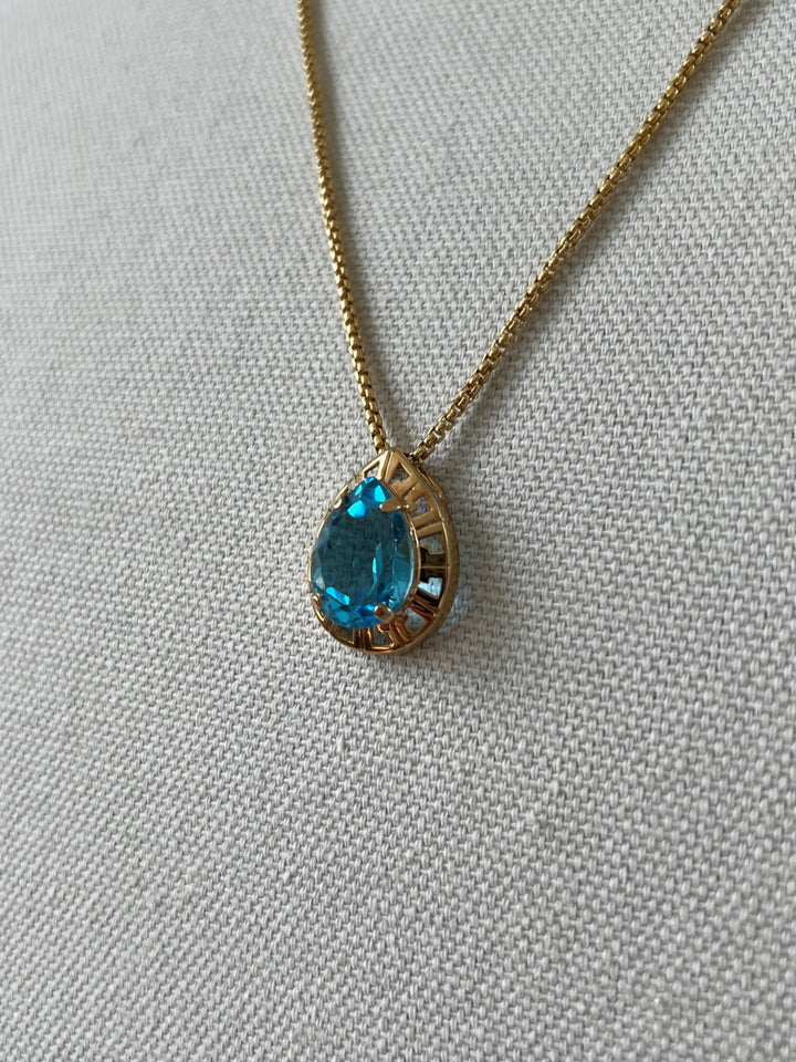 Estate 14K Yellow Gold 10.77CTW Pear-Shaped Blue Topaz Open Frame Pendant