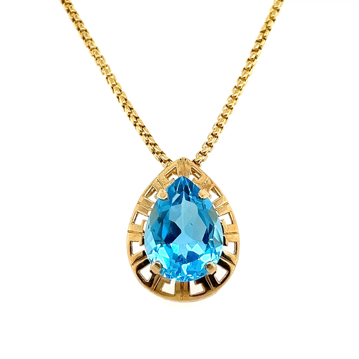 Estate 14K Yellow Gold 10.77CTW Pear-Shaped Blue Topaz Open Frame Pendant