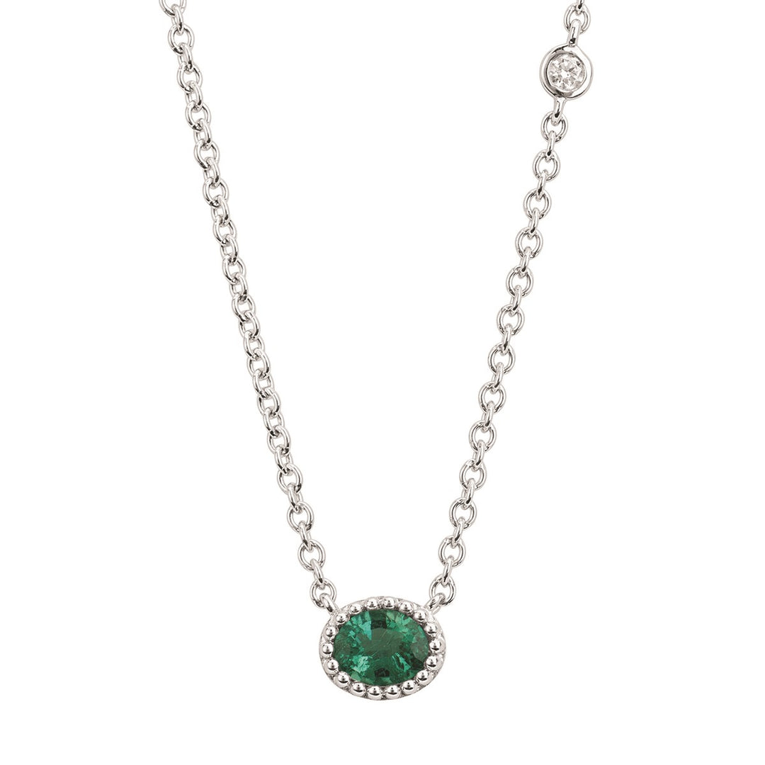 14K White Gold 0.35ctw Oval Emerald & Diamond Necklace