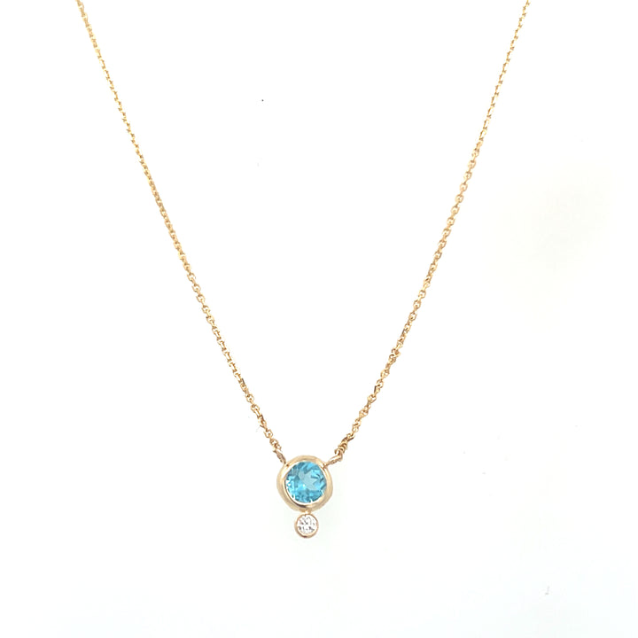14K Yellow Gold 4mm Round Blue Topaz & Diamond Necklace