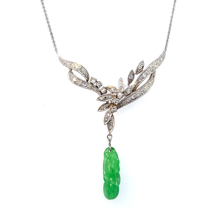 Estate 14K White Gold Carved Jadeite & Diamond Drop Necklace