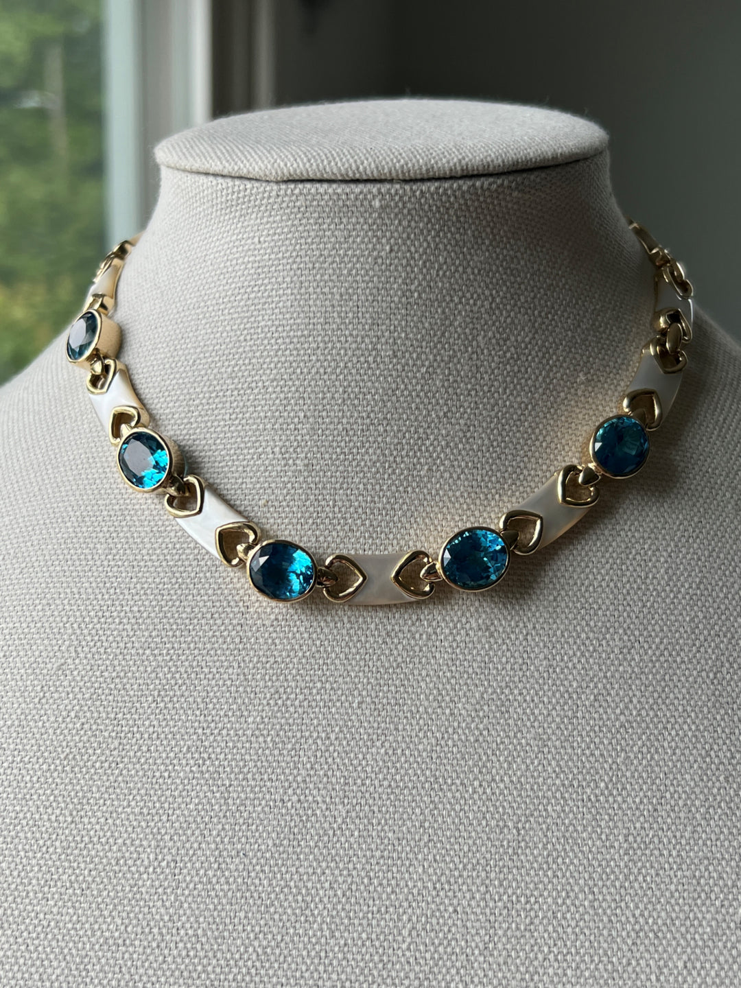 Estate 14K Yellow Gold Blue Topaz & Mother of Pearl Vintage Necklace