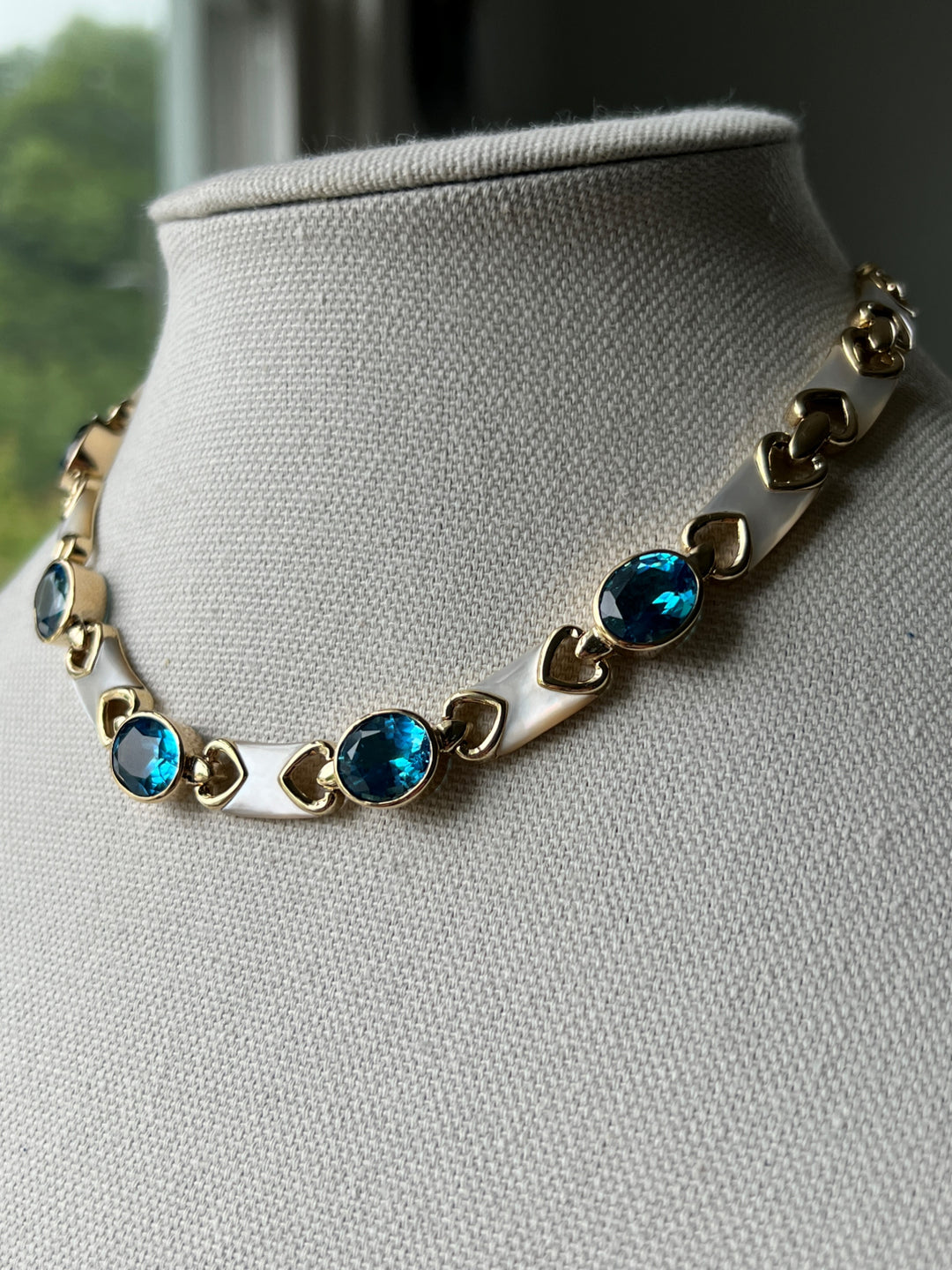 Estate 14K Yellow Gold Blue Topaz & Mother of Pearl Vintage Necklace