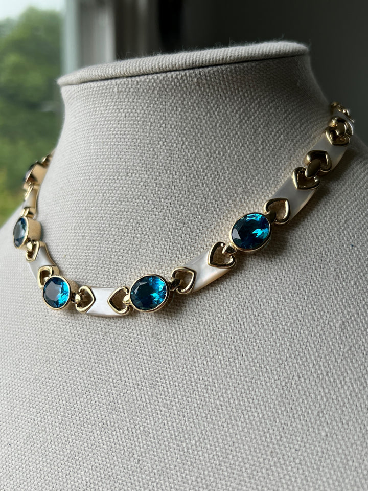 Estate 14K Yellow Gold Blue Topaz & Mother of Pearl Vintage Necklace