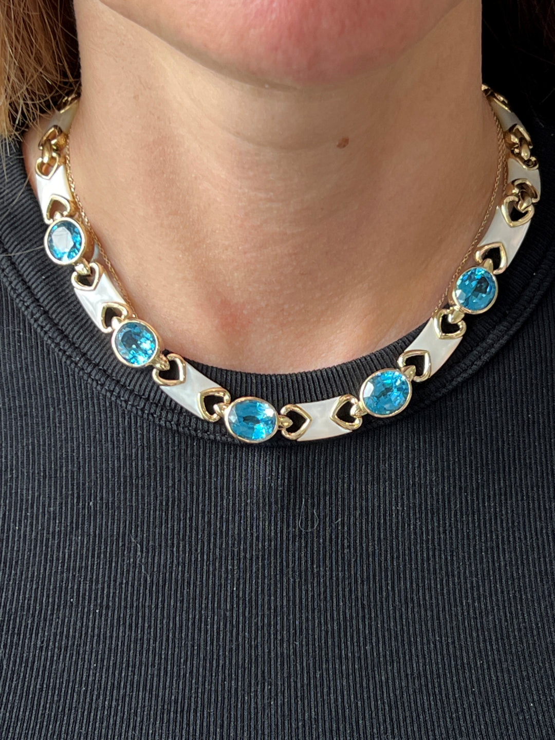 Estate 14K Yellow Gold Blue Topaz & Mother of Pearl Vintage Necklace