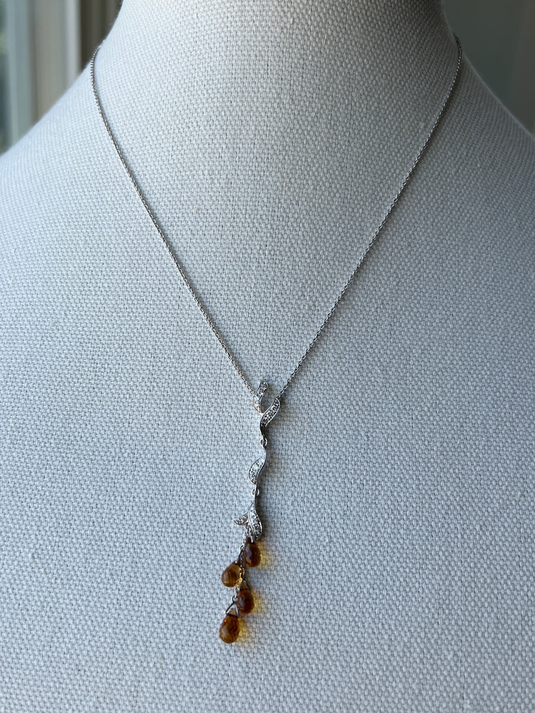 Estate 18K White Gold 3.78CTW Citrine Briolette and Diamond Leaf Drop Necklace