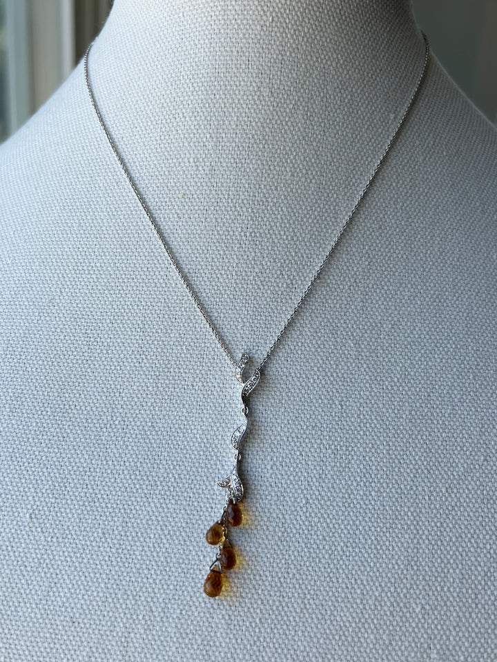 Estate 18K White Gold 3.78CTW Citrine Briolette and Diamond Leaf Drop Necklace