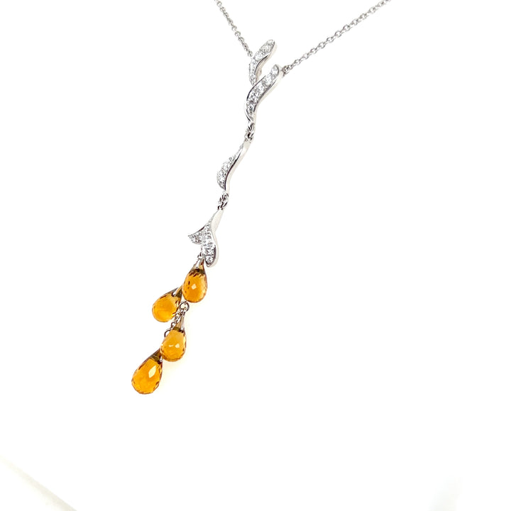 Estate 18K White Gold 3.78CTW Citrine Briolette and Diamond Leaf Drop Necklace