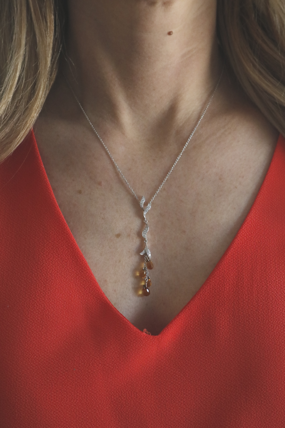 Estate 18K White Gold 3.78CTW Citrine Briolette and Diamond Leaf Drop Necklace