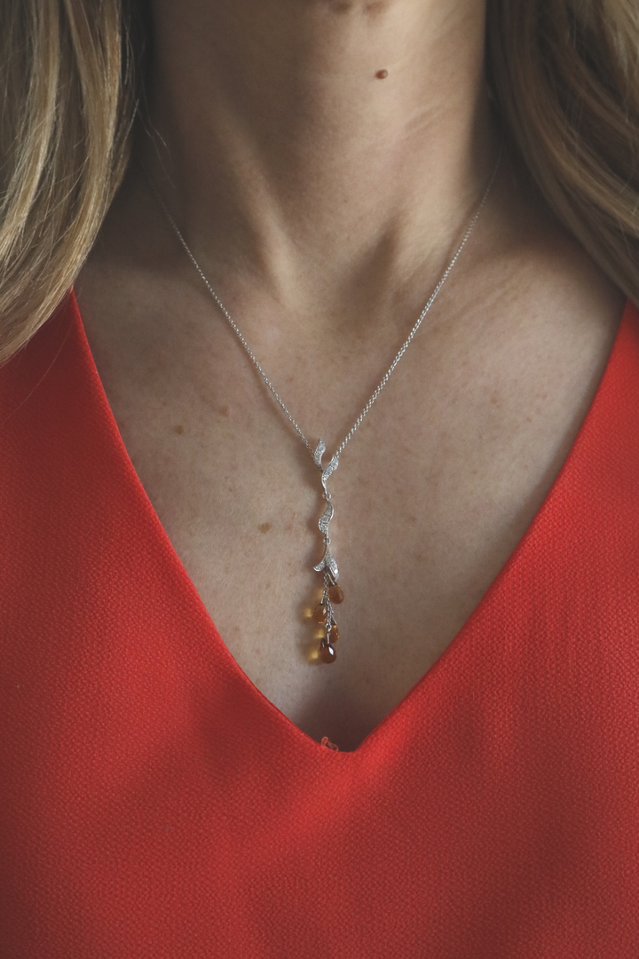 Estate 18K White Gold 3.78CTW Citrine Briolette and Diamond Leaf Drop Necklace