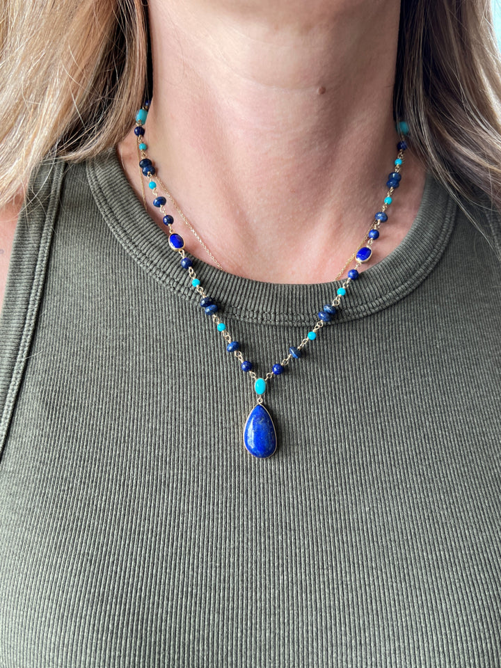 Estate Effy 14K Yellow Gold Lapis Lazuli & Turquoise Beaded Necklace