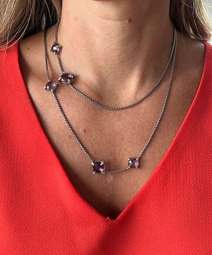 Estate Sterling Silver Amethyst & Diamond Chatelaine Station Necklace by David Yurman