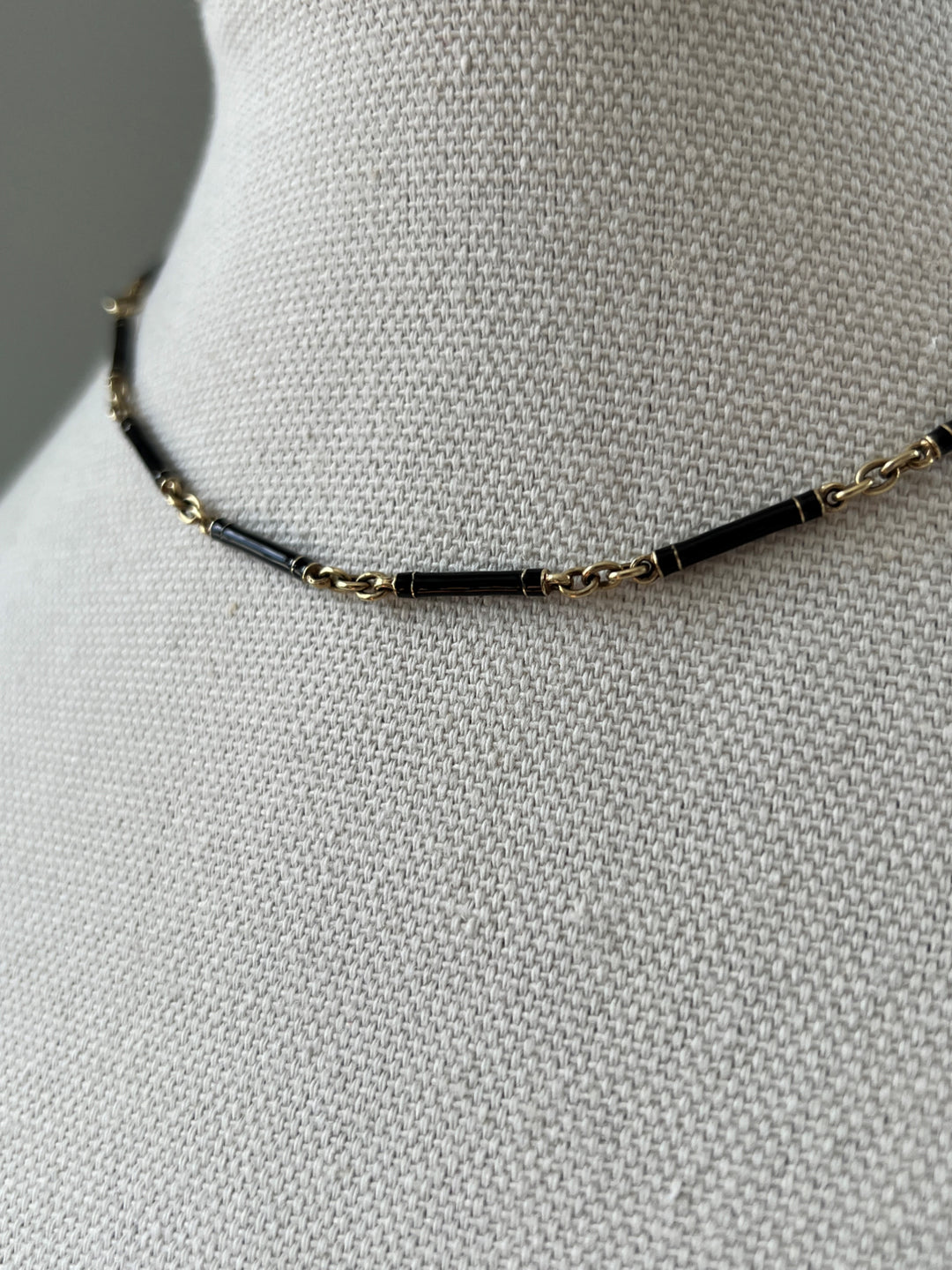 Estate 14K Yellow Gold Black Enamel Tube Link Art Deco Necklace, AS-IS