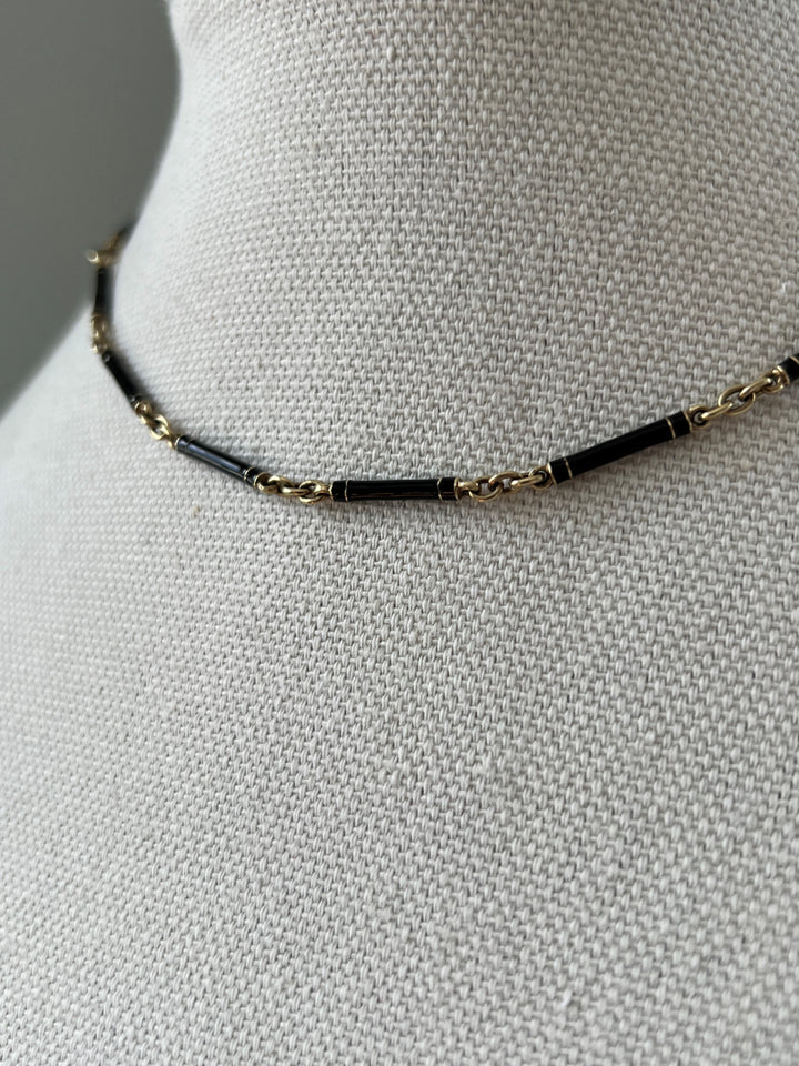 Estate 14K Yellow Gold Black Enamel Tube Link Art Deco Necklace, AS-IS