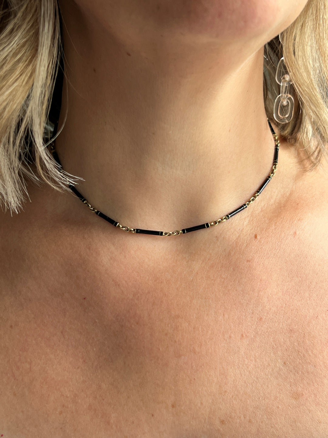 Estate 14K Yellow Gold Black Enamel Tube Link Art Deco Necklace, AS-IS