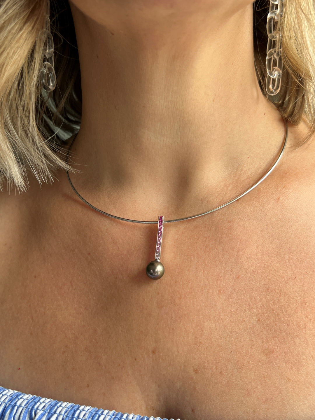 Estate 18K White Gold Mikimoto Pink Sapphire & Black Pearl Pendant Necklace