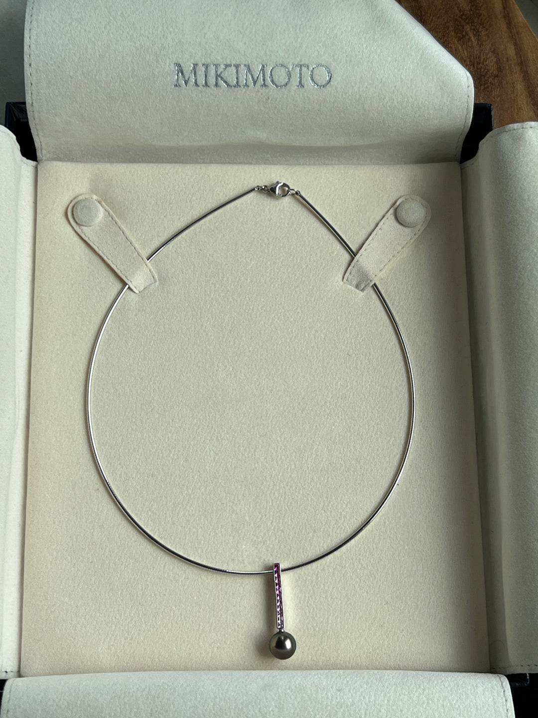 Estate 18K White Gold Mikimoto Pink Sapphire & Black Pearl Pendant Necklace