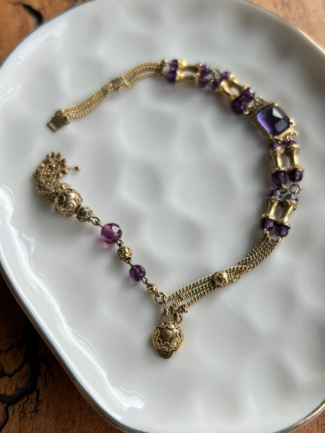 Estate 10K Yellow Gold Purple Glass Victorian Archaeological Revival Bracelet