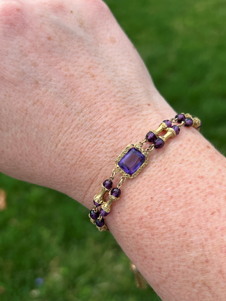 Estate 10K Yellow Gold Purple Glass Victorian Archaeological Revival Bracelet