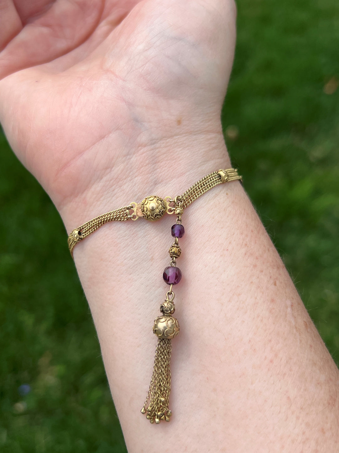Estate 10K Yellow Gold Purple Glass Victorian Archaeological Revival Bracelet