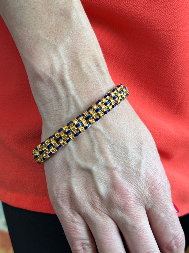 Estate 18K Yellow Gold Blue Enamel Vintage Basketweave Bracelet