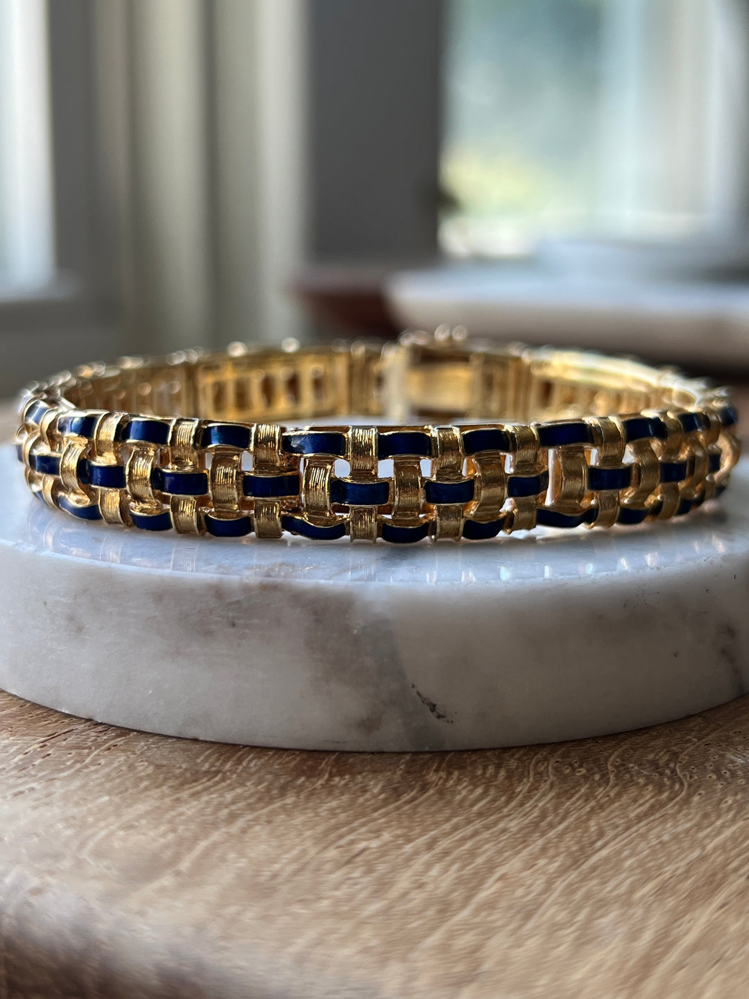 Estate 18K Yellow Gold Blue Enamel Vintage Basketweave Bracelet