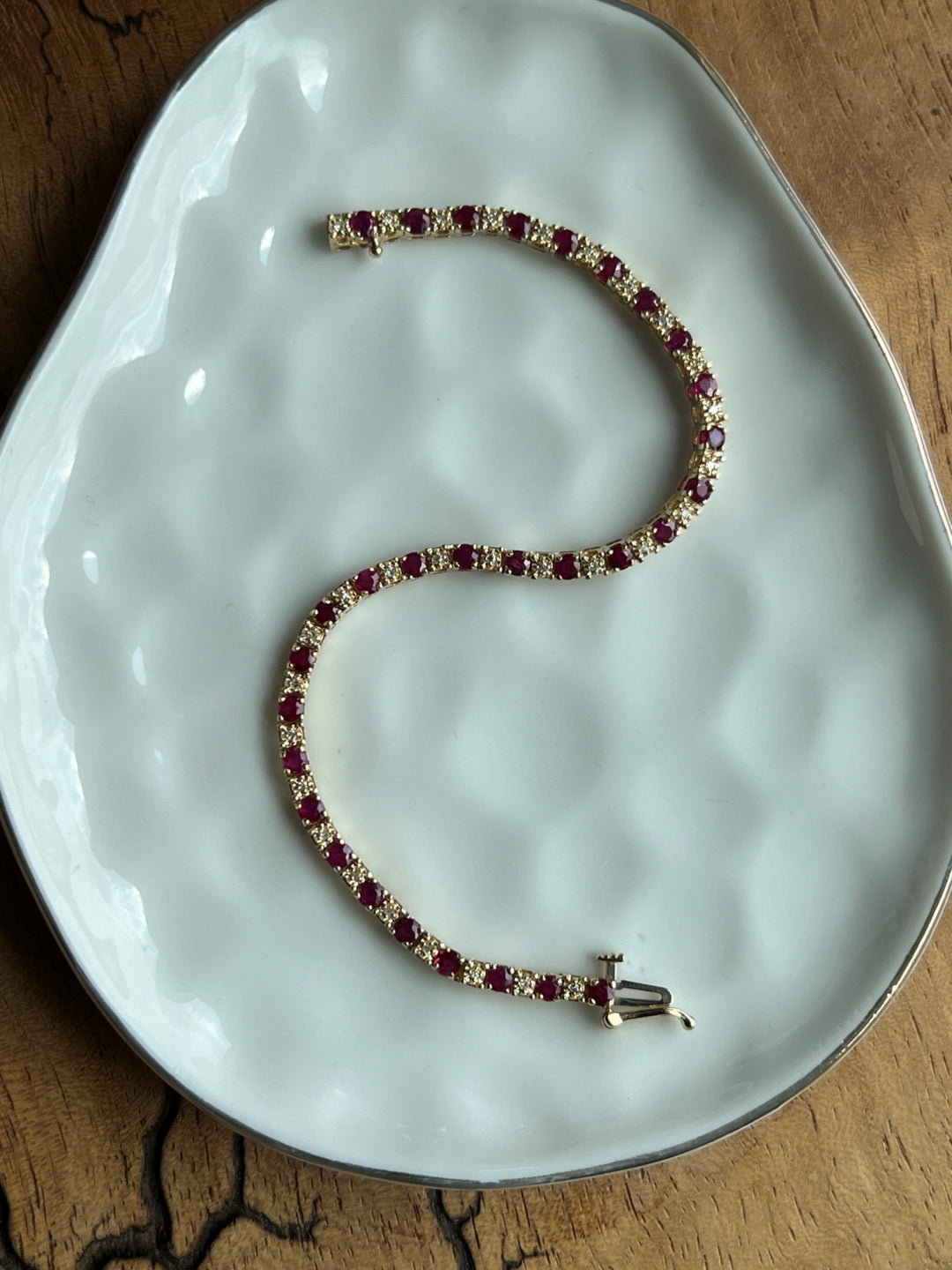 Estate 14K Yellow Gold Round Brilliant Ruby & Diamond Line Bracelet