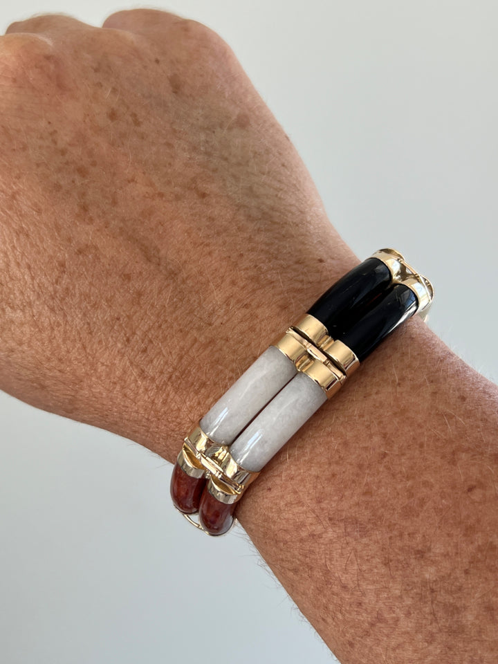 Estate 14K Yellow Gold Undyed Jade Tue Link Vintage Bracelet