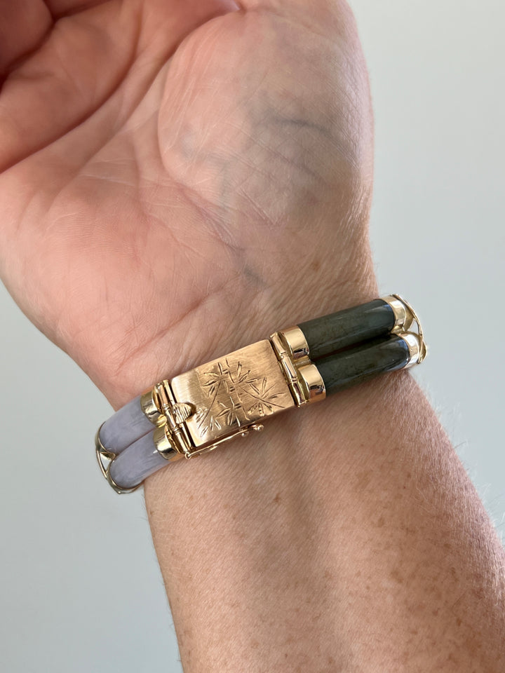 Estate 14K Yellow Gold Undyed Jade Tue Link Vintage Bracelet
