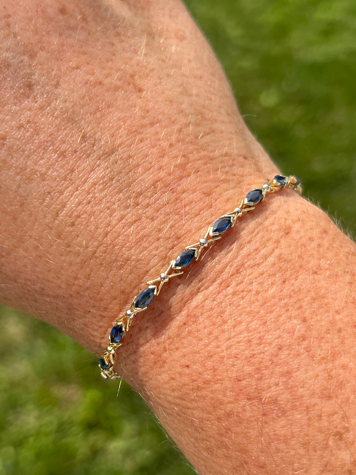 Estate 14K Yellow Gold 2.88CTW Marquise Blue Sapphire Vintage Link Bracelet