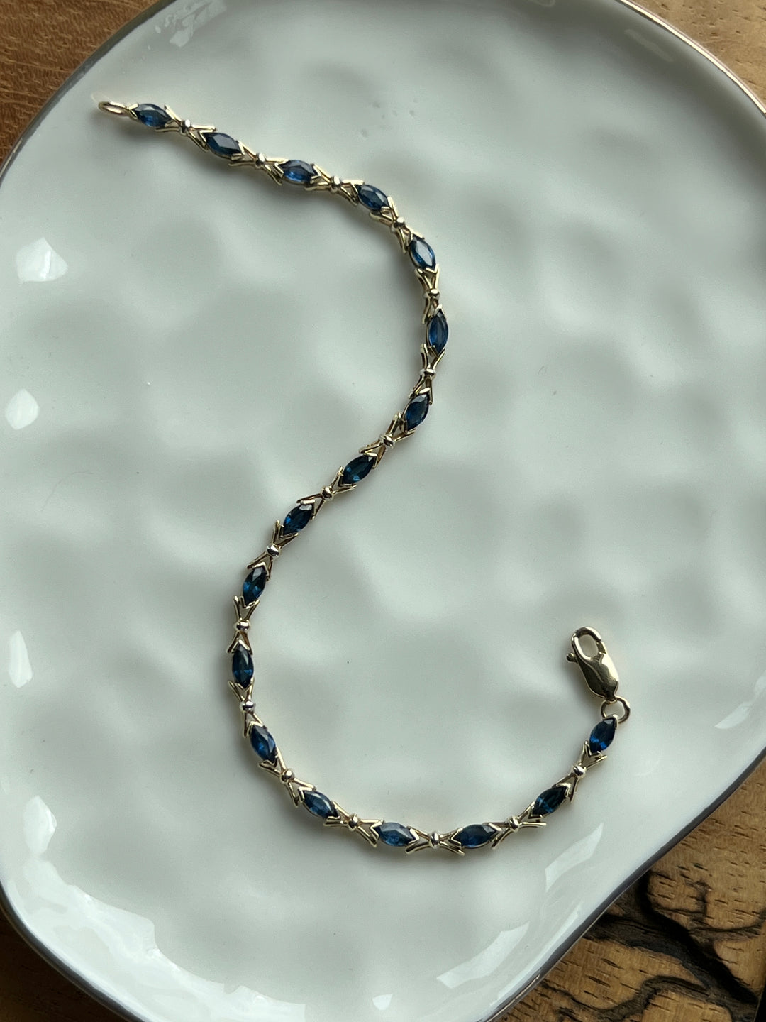 Estate 14K Yellow Gold 2.88CTW Marquise Blue Sapphire Vintage Link Bracelet