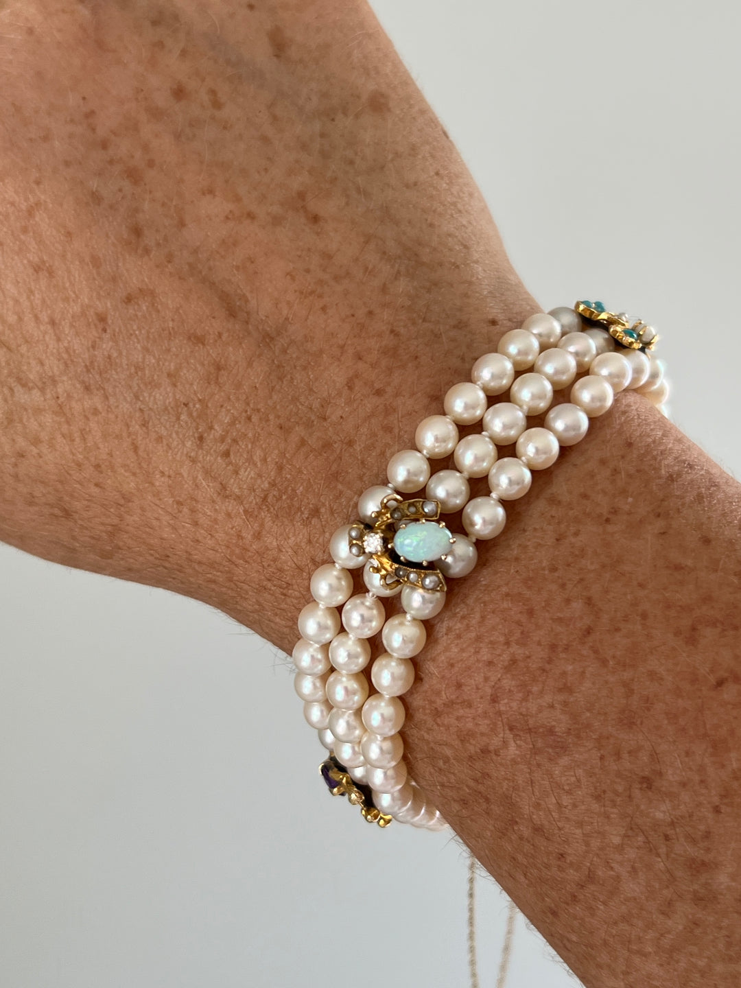 Estate 14K Yellow Gold Multi-Gemstone & Three-Strand Pearl Vintage Bracelet