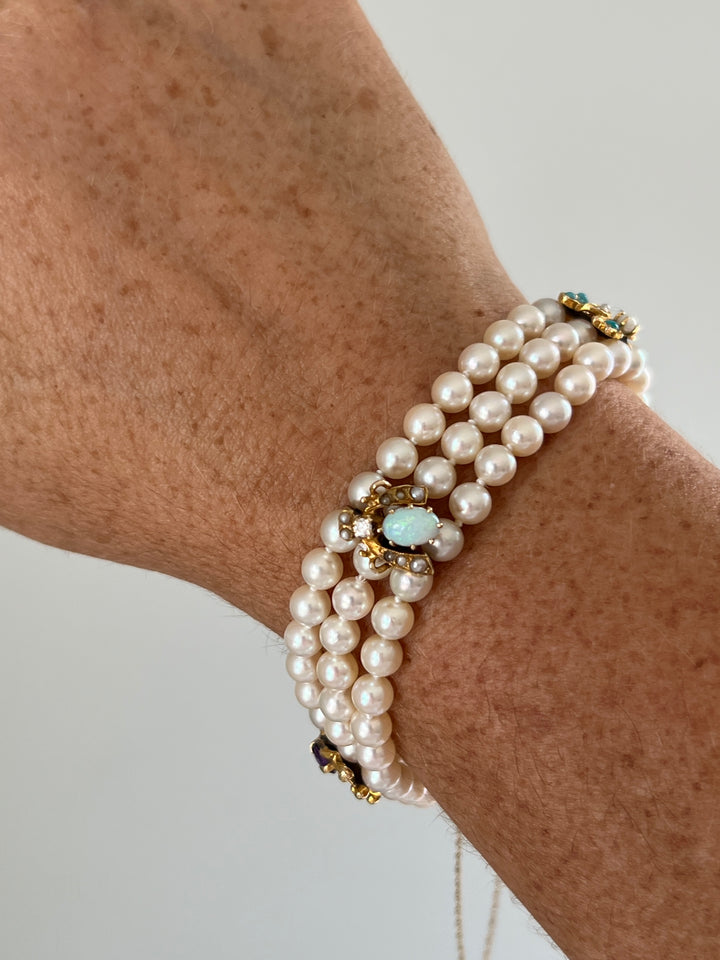 Estate 14K Yellow Gold Multi-Gemstone & Three-Strand Pearl Vintage Bracelet