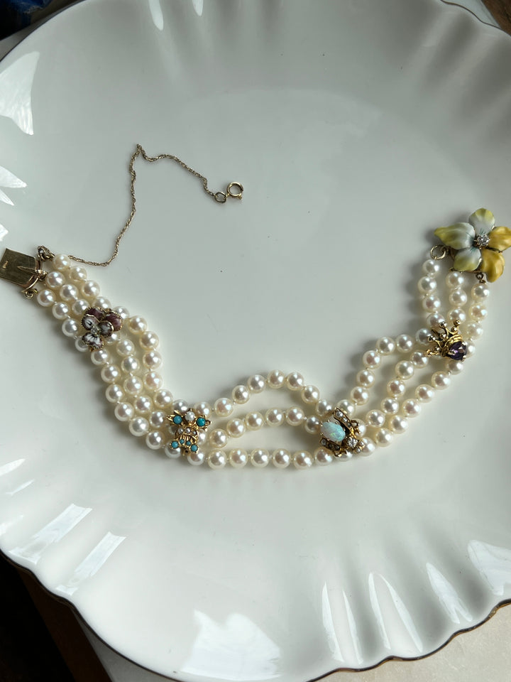 Estate 14K Yellow Gold Multi-Gemstone & Three-Strand Pearl Vintage Bracelet