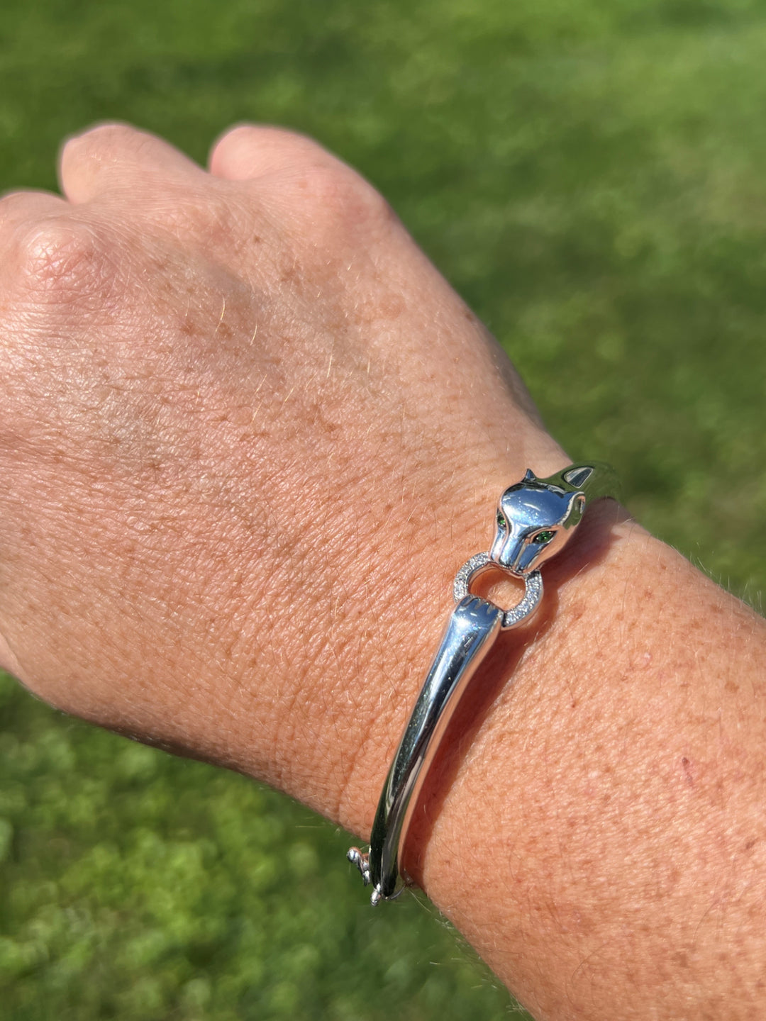 Estate Sterling Silver 0.10CTW Tsavorite Garnet &  Diamond Panther Bangle Bracelet by Effy