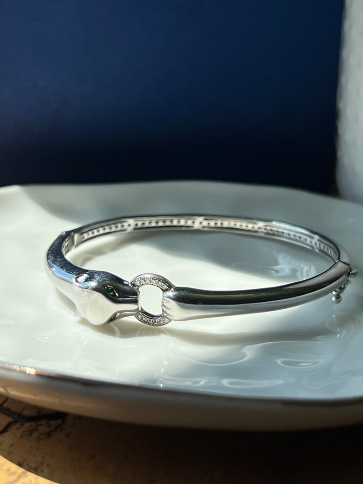 Estate Sterling Silver 0.10CTW Tsavorite Garnet &  Diamond Panther Bangle Bracelet by Effy