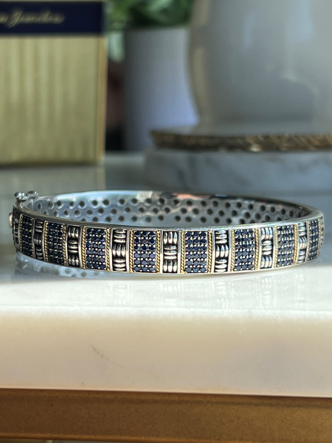 Estate Sterling Silver & 18K Gold Blue Sapphire Vintage Bangle Bracelet by Lali