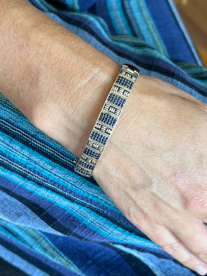 Estate Sterling Silver & 18K Gold Blue Sapphire Vintage Bangle Bracelet by Lali