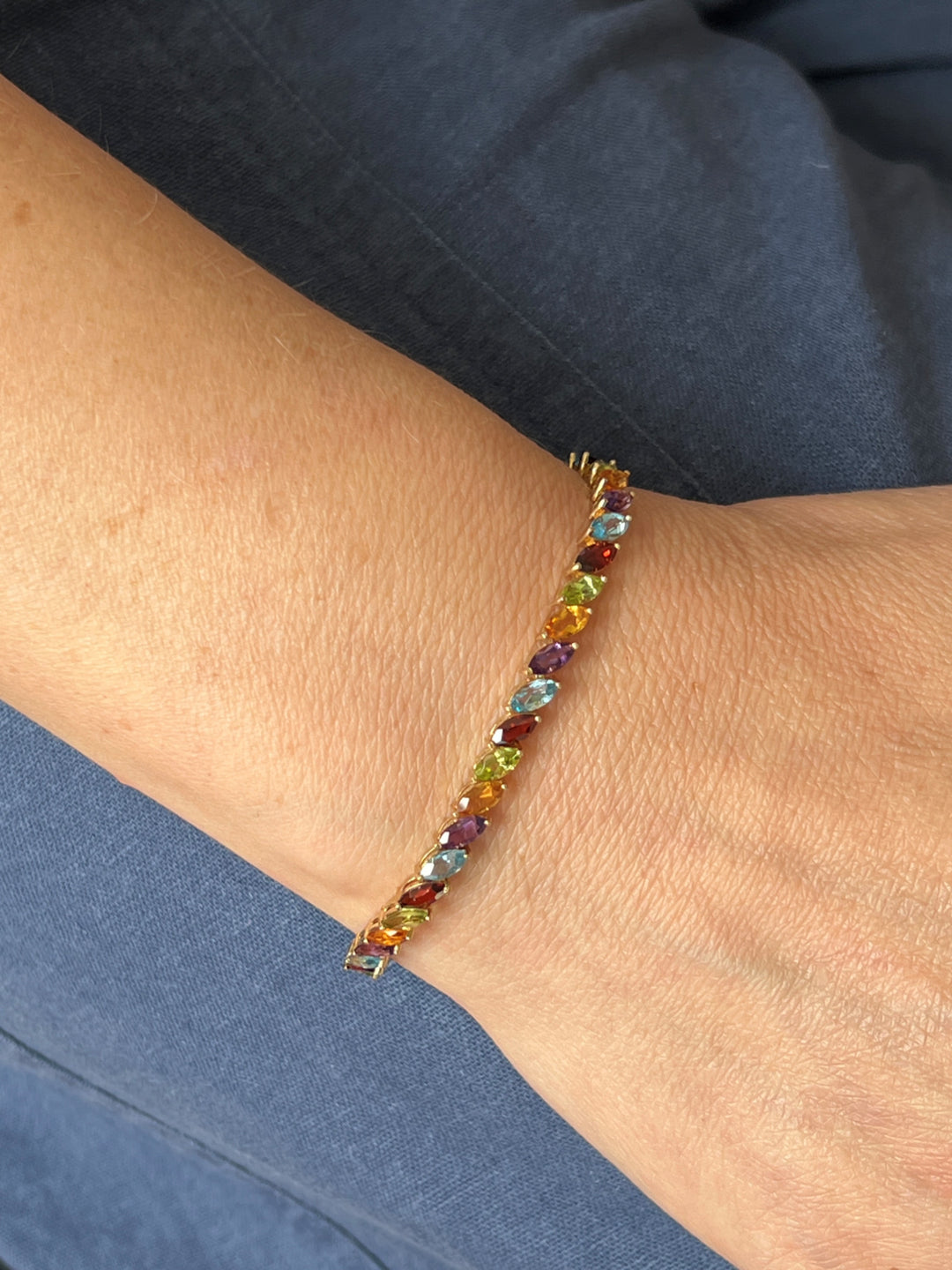 Estate 14K Yellow Gold Marquise Rainbow Gemstone Line Bracelet