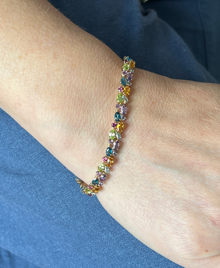 Estate 14K Yellow Gold Rainbow Harlequin Multi Gemstone Cluster Bracelet