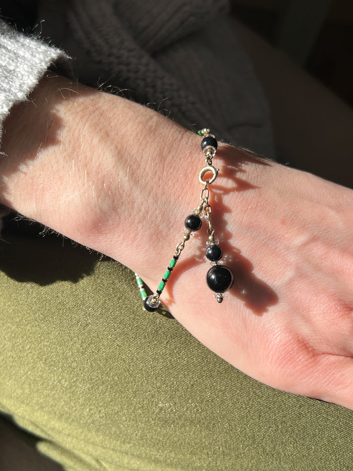 Estate 14K Yellow Gold Black Onyx & Enamel Bead Art Deco Bracelet