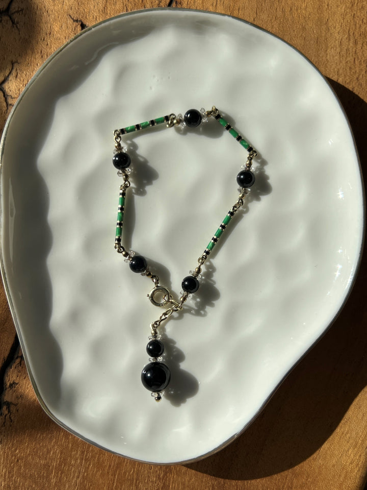 Estate 14K Yellow Gold Black Onyx & Enamel Bead Art Deco Bracelet
