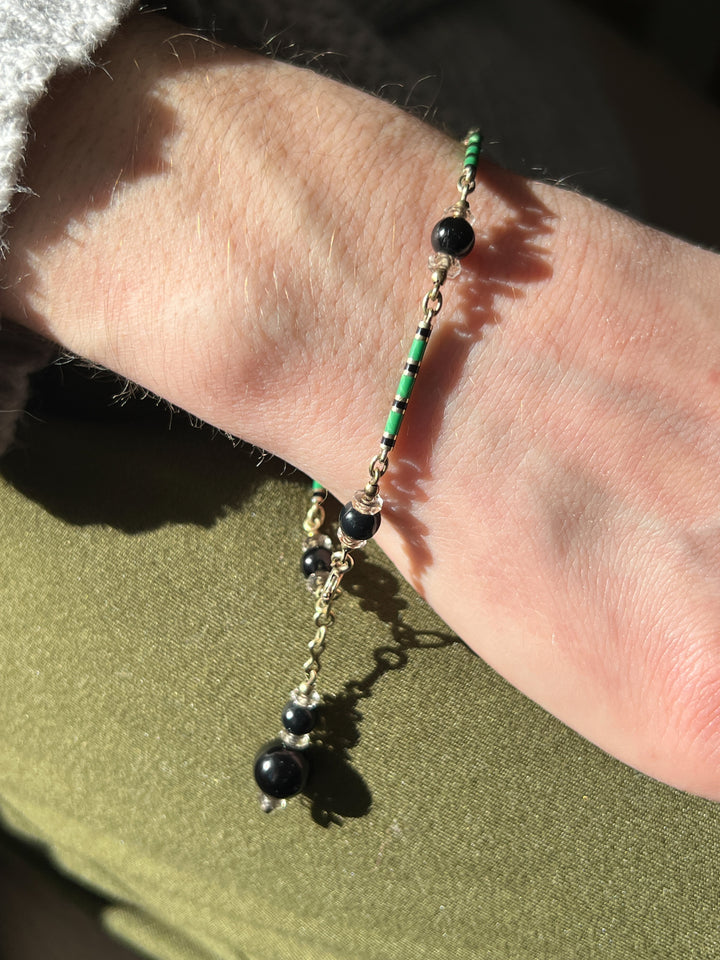 Estate 14K Yellow Gold Black Onyx & Enamel Bead Art Deco Bracelet